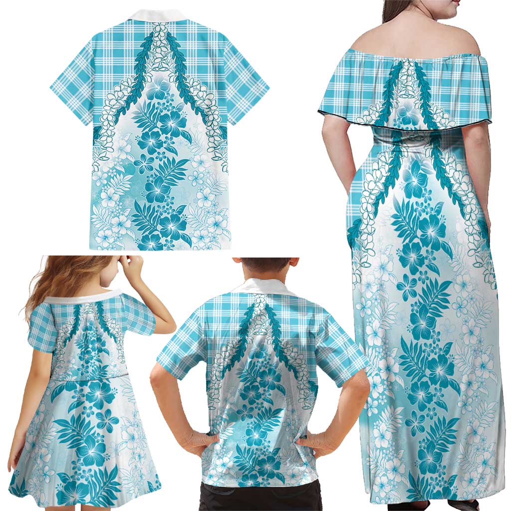 Aloha Hawaii Palaka Family Matching Off Shoulder Maxi Dress and Hawaiian Shirt Blue Plumeria Lei LT05 - Polynesian Pride