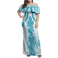 Aloha Hawaii Palaka Family Matching Off Shoulder Maxi Dress and Hawaiian Shirt Blue Plumeria Lei LT05 Mom's Dress Blue - Polynesian Pride