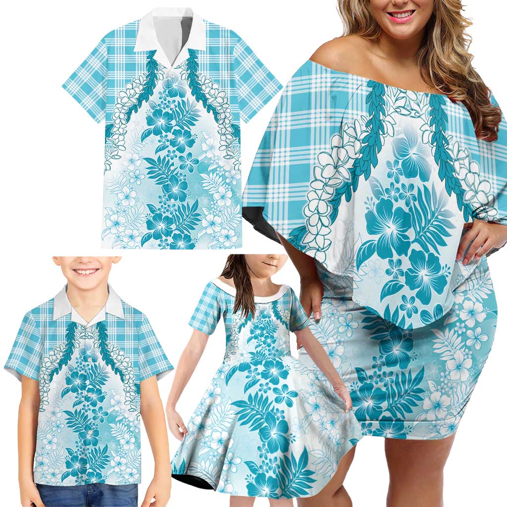Aloha Hawaii Palaka Family Matching Off Shoulder Short Dress and Hawaiian Shirt Blue Plumeria Lei LT05 - Polynesian Pride