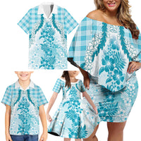 Aloha Hawaii Palaka Family Matching Off Shoulder Short Dress and Hawaiian Shirt Blue Plumeria Lei LT05 - Polynesian Pride