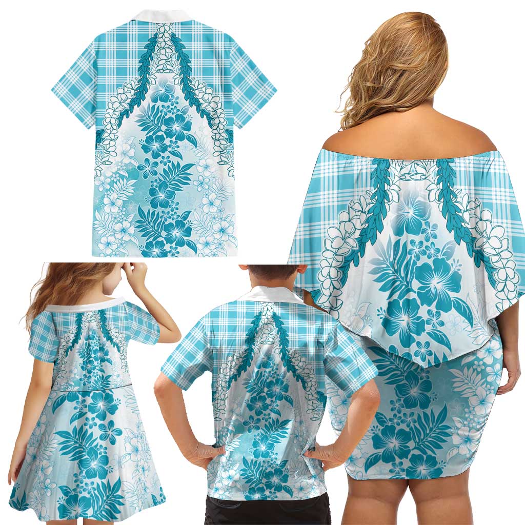 Aloha Hawaii Palaka Family Matching Off Shoulder Short Dress and Hawaiian Shirt Blue Plumeria Lei LT05 - Polynesian Pride