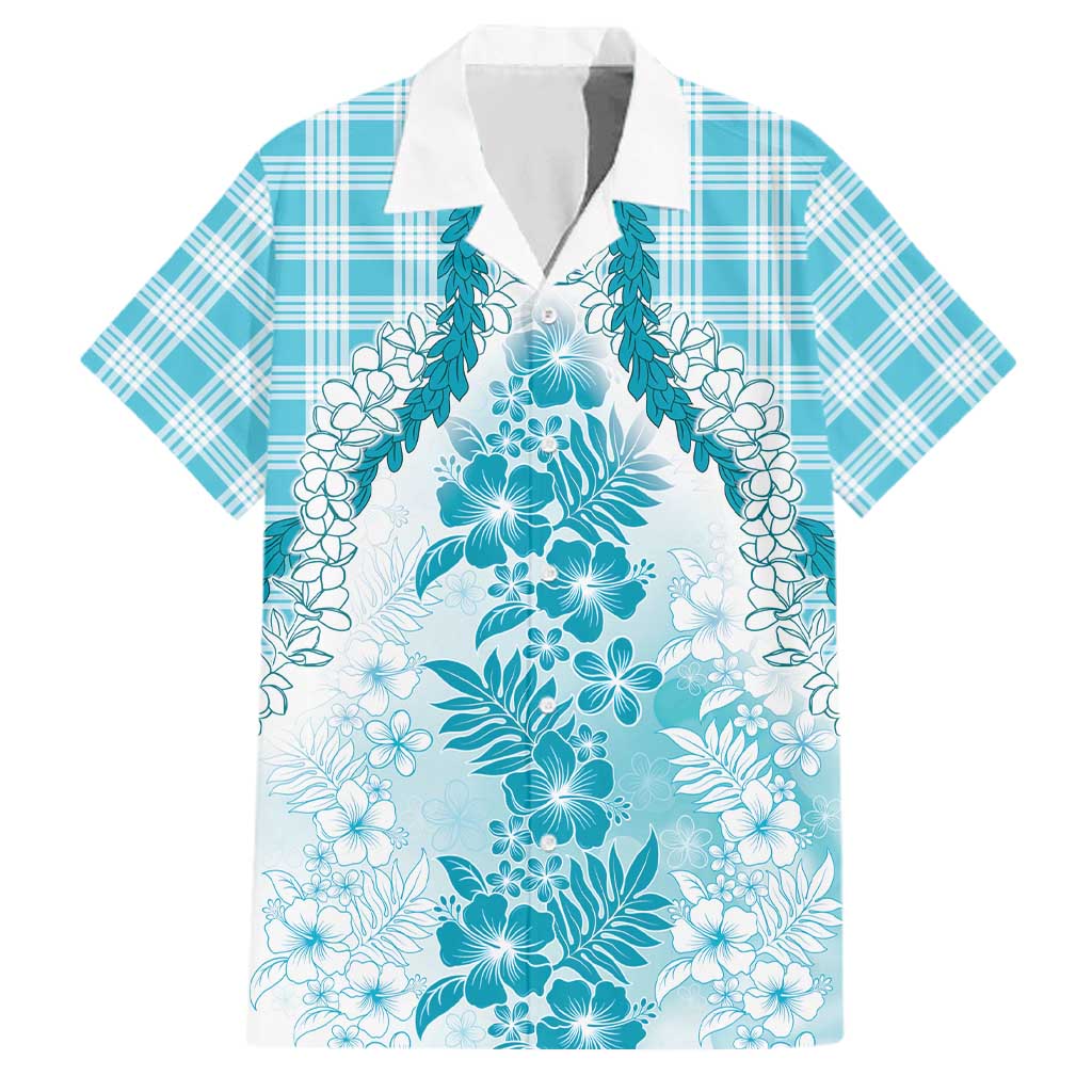 Aloha Hawaii Palaka Family Matching Off Shoulder Short Dress and Hawaiian Shirt Blue Plumeria Lei LT05 Dad's Shirt - Short Sleeve Blue - Polynesian Pride