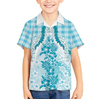 Aloha Hawaii Palaka Family Matching Off Shoulder Short Dress and Hawaiian Shirt Blue Plumeria Lei LT05 Son's Shirt Blue - Polynesian Pride