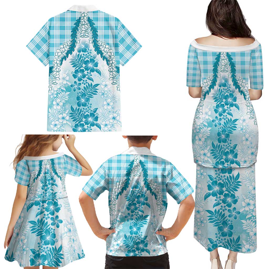 Aloha Hawaii Palaka Family Matching Puletasi and Hawaiian Shirt Blue Plumeria Lei - Polynesian Pride