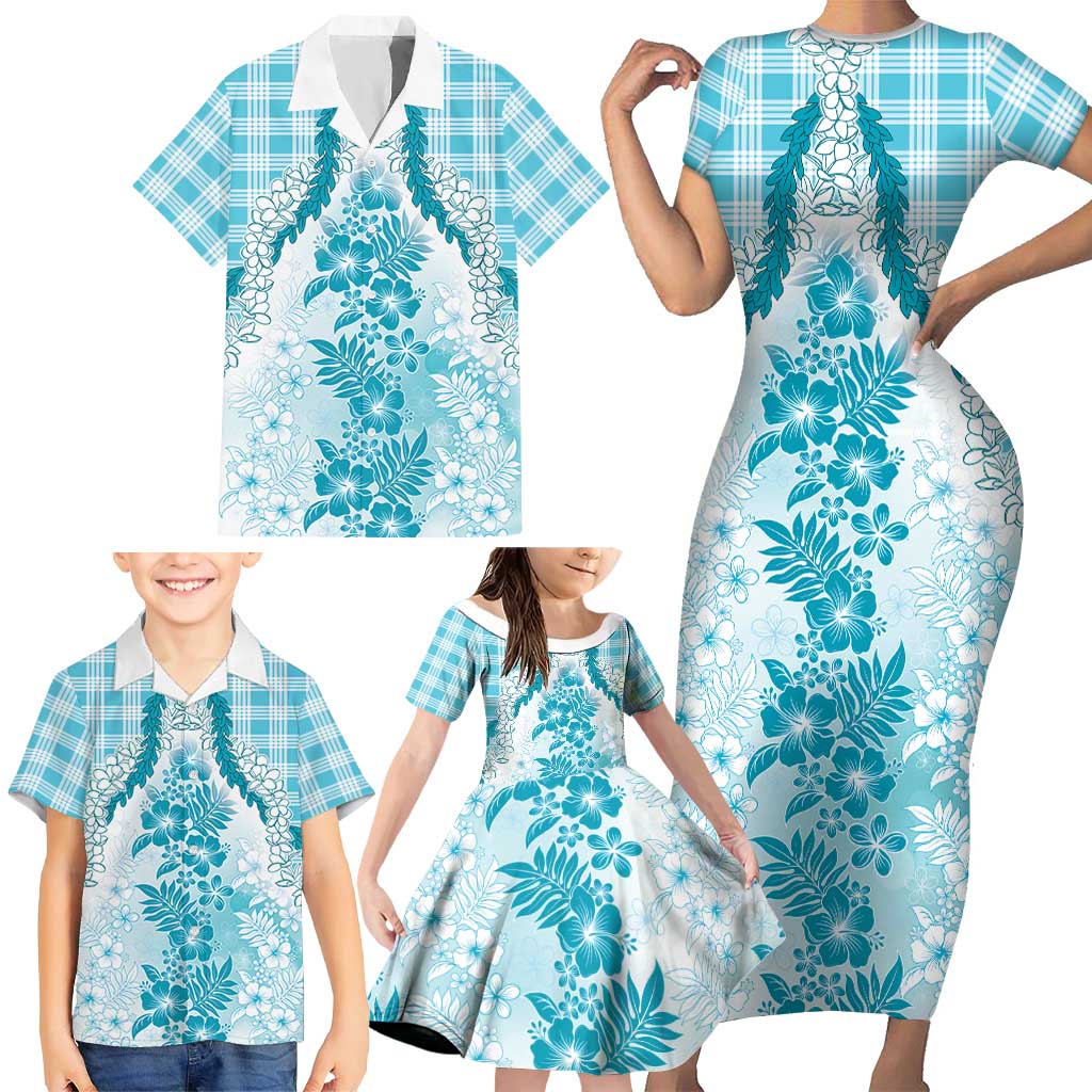 Aloha Hawaii Palaka Family Matching Short Sleeve Bodycon Dress and Hawaiian Shirt Blue Plumeria Lei - Polynesian Pride