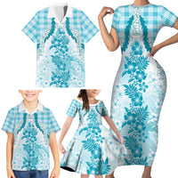 Aloha Hawaii Palaka Family Matching Short Sleeve Bodycon Dress and Hawaiian Shirt Blue Plumeria Lei LT05 - Polynesian Pride