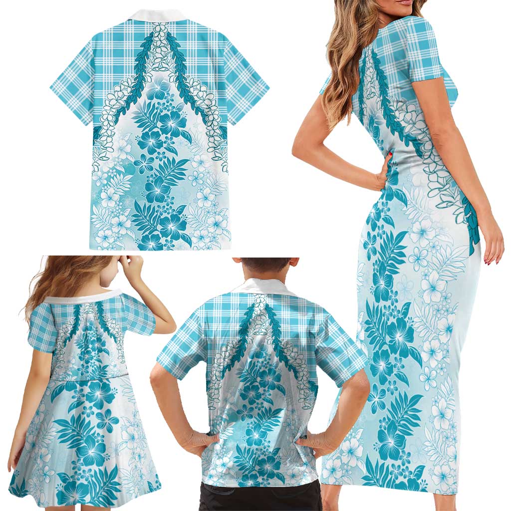 Aloha Hawaii Palaka Family Matching Short Sleeve Bodycon Dress and Hawaiian Shirt Blue Plumeria Lei LT05 - Polynesian Pride