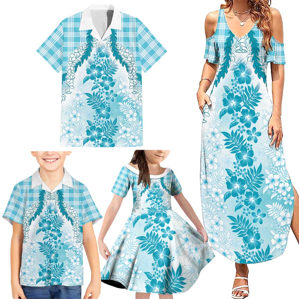 Aloha Hawaii Palaka Family Matching Summer Maxi Dress and Hawaiian Shirt Blue Plumeria Lei LT05 - Polynesian Pride