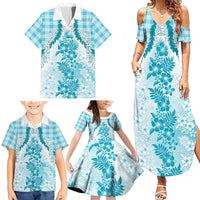 Aloha Hawaii Palaka Family Matching Summer Maxi Dress and Hawaiian Shirt Blue Plumeria Lei LT05 - Polynesian Pride