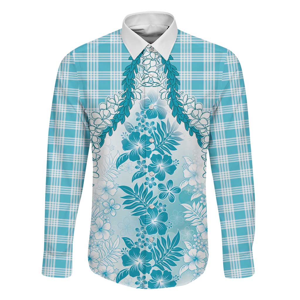 Aloha Hawaii Palaka Family Matching Tank Maxi Dress and Hawaiian Shirt Blue Plumeria Lei LT05 Dad's Shirt - Long Sleeve Blue - Polynesian Pride