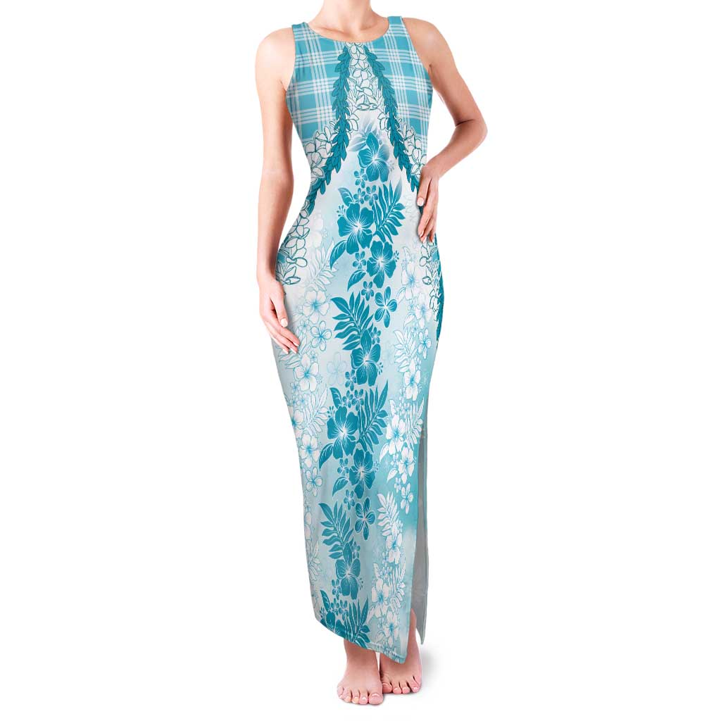 Aloha Hawaii Palaka Family Matching Tank Maxi Dress and Hawaiian Shirt Blue Plumeria Lei LT05 Mom's Dress Blue - Polynesian Pride