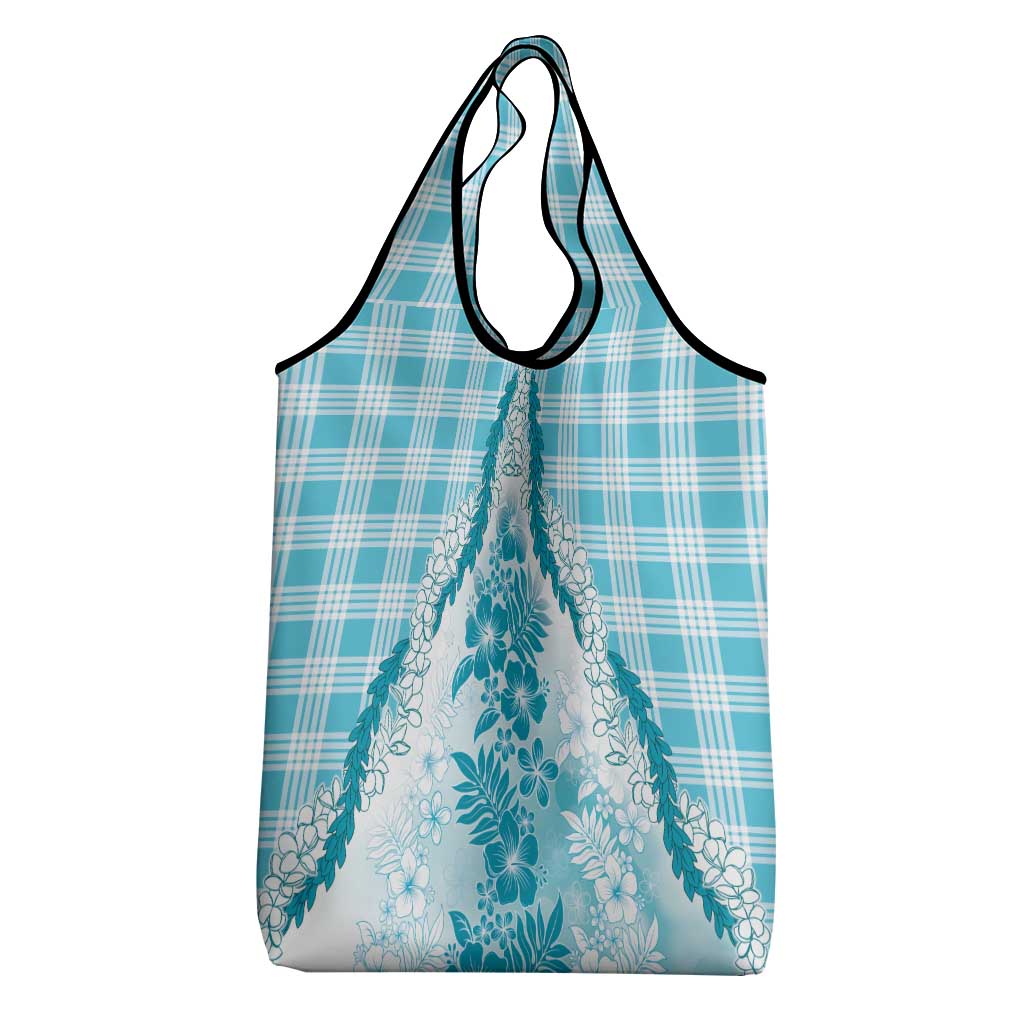 Aloha Hawaii Palaka Grocery Bag Blue Plumeria Lei - Polynesian Pride