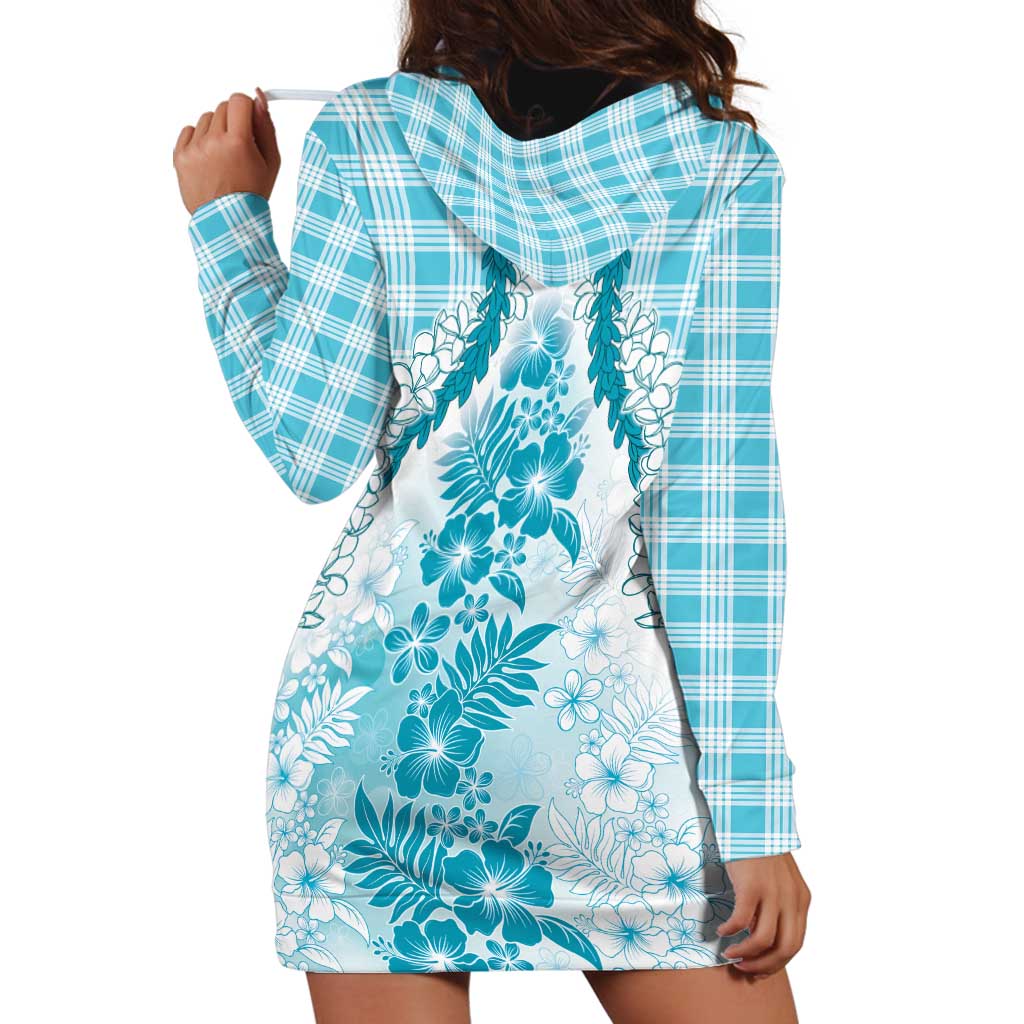 Aloha Hawaii Palaka Hoodie Dress Blue Plumeria Lei - Polynesian Pride