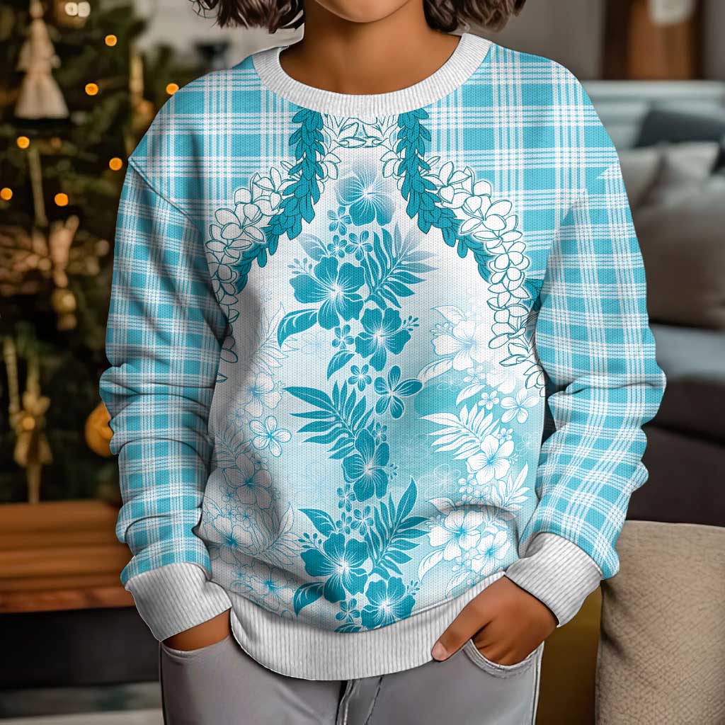 Aloha Hawaii Palaka Kid Ugly Christmas Sweater Blue Plumeria Lei - Polynesian Pride