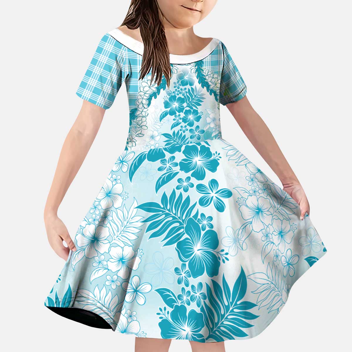 Aloha Hawaii Palaka Kid Short Sleeve Dress Blue Plumeria Lei - Polynesian Pride