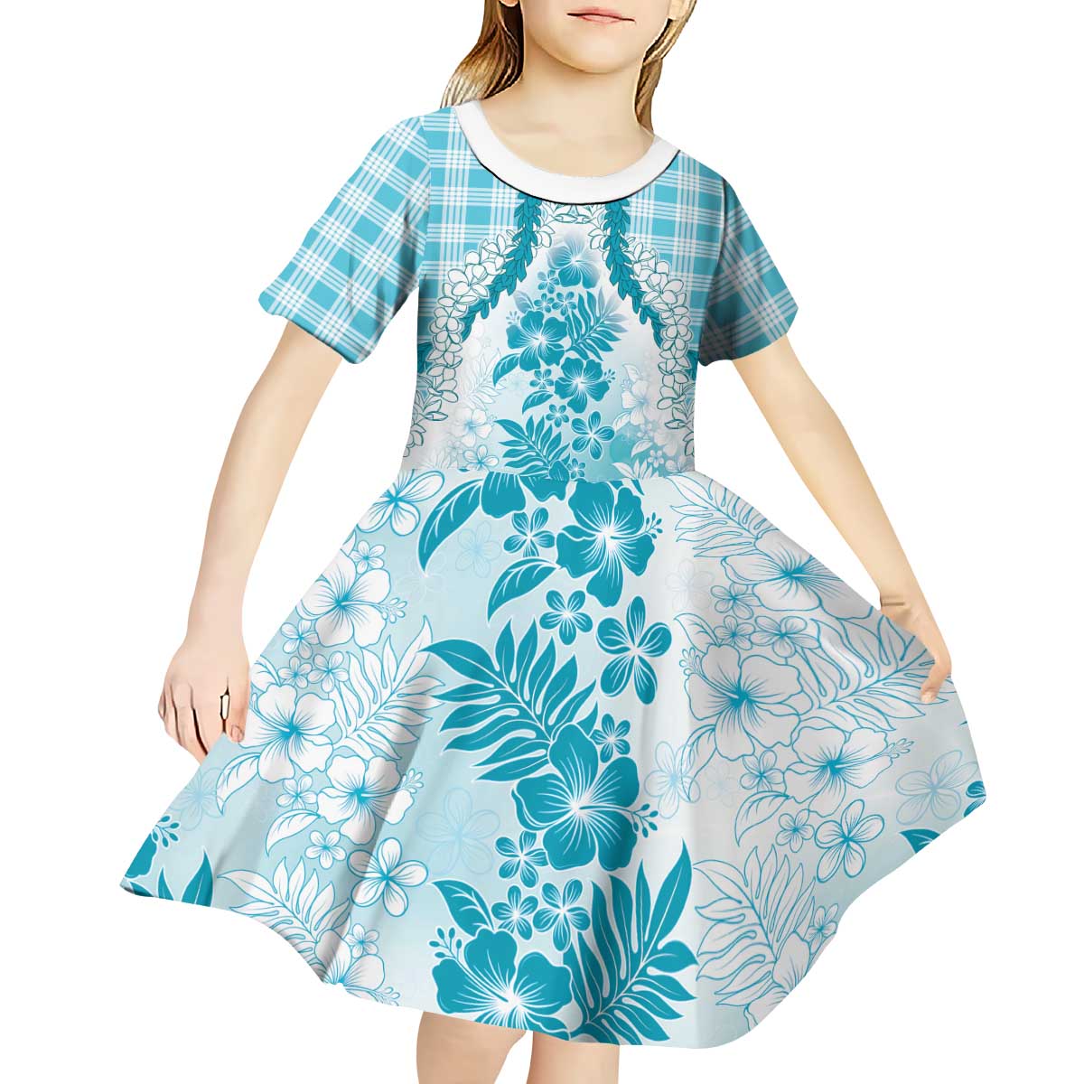 Aloha Hawaii Palaka Kid Short Sleeve Dress Blue Plumeria Lei - Polynesian Pride