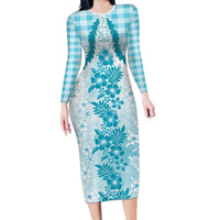 Aloha Hawaii Palaka Long Sleeve Bodycon Dress Blue Plumeria Lei - Polynesian Pride