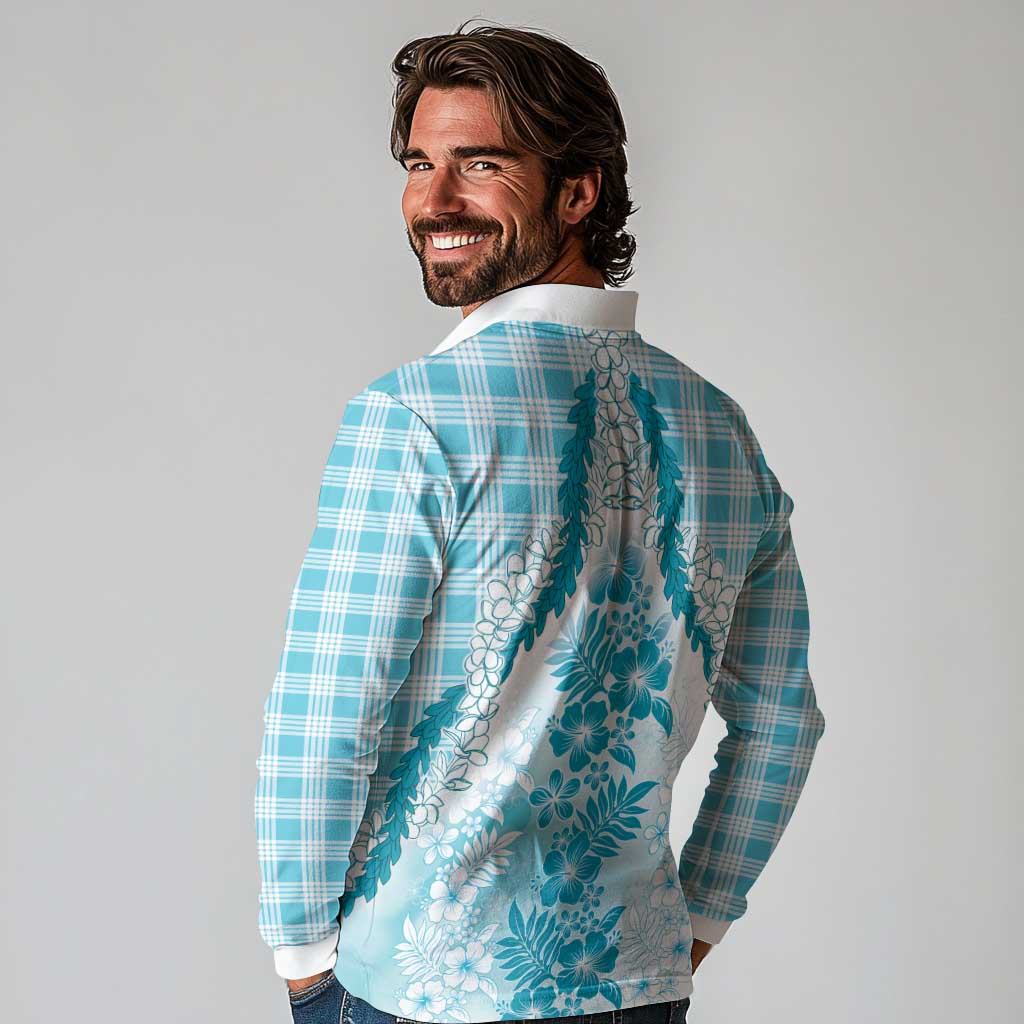 Aloha Hawaii Palaka Long Sleeve Polo Shirt Blue Plumeria Lei - Polynesian Pride
