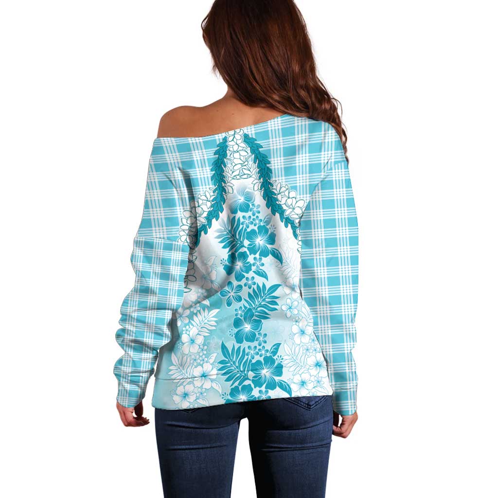 Aloha Hawaii Palaka Off Shoulder Sweater Blue Plumeria Lei - Polynesian Pride