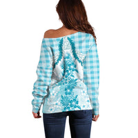 Aloha Hawaii Palaka Off Shoulder Sweater Blue Plumeria Lei - Polynesian Pride