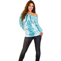Aloha Hawaii Palaka Off Shoulder Sweater Blue Plumeria Lei - Polynesian Pride
