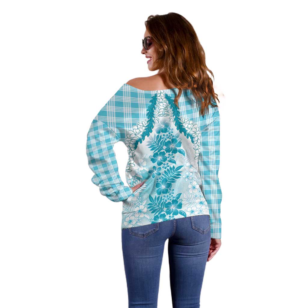 Aloha Hawaii Palaka Off Shoulder Sweater Blue Plumeria Lei - Polynesian Pride