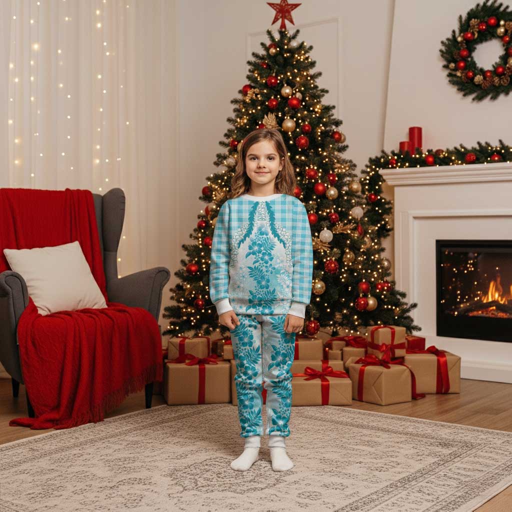 Aloha Hawaii Palaka Christmas Pajama Set Blue Plumeria Lei - Polynesian Pride