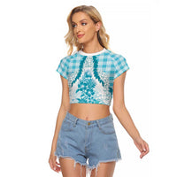 Aloha Hawaii Palaka Raglan Cropped T Shirt Blue Plumeria Lei - Polynesian Pride