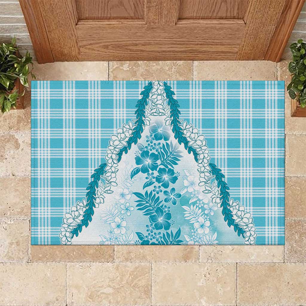 Aloha Hawaii Palaka Rubber Doormat Blue Plumeria Lei - Polynesian Pride