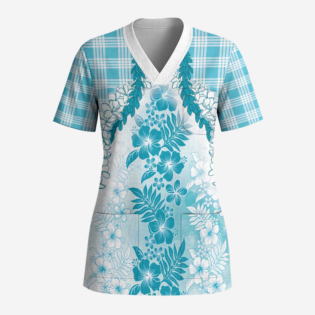 Aloha Hawaii Palaka Scrub Top Blue Plumeria Lei - Polynesian Pride