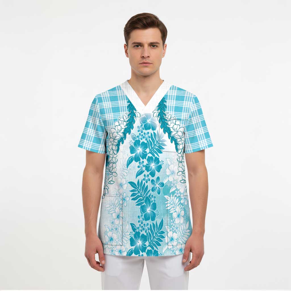 Aloha Hawaii Palaka Scrub Top Blue Plumeria Lei - Polynesian Pride