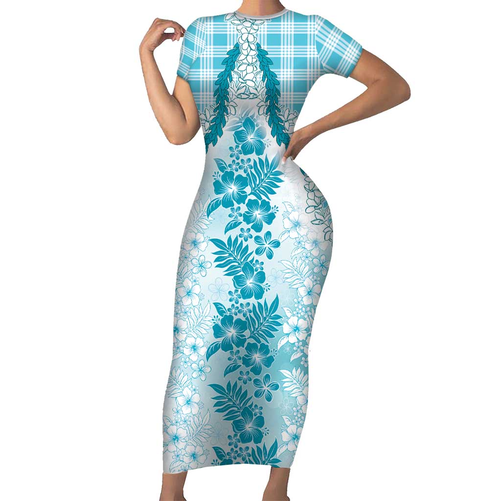 Aloha Hawaii Palaka Short Sleeve Bodycon Dress Blue Plumeria Lei - Polynesian Pride