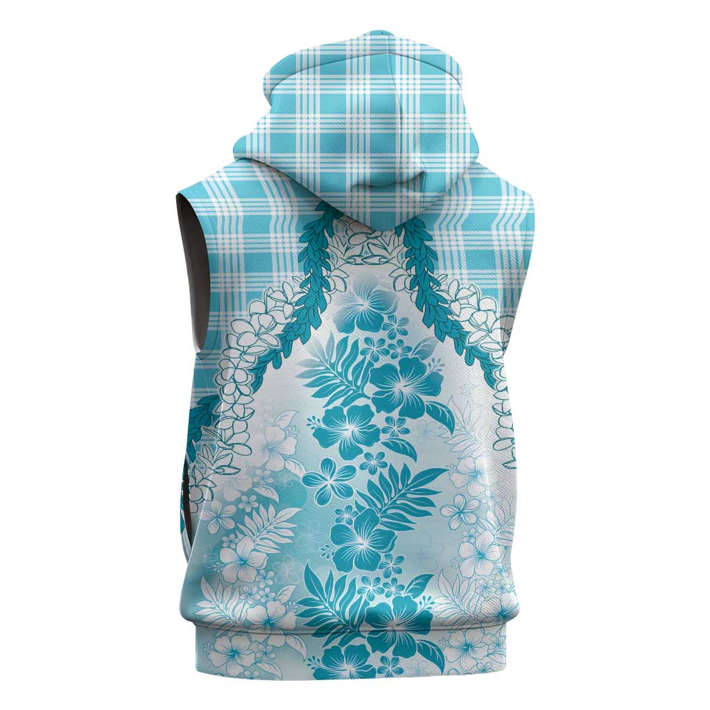 Aloha Hawaii Palaka Sleeveless Hoodie Blue Plumeria Lei - Polynesian Pride