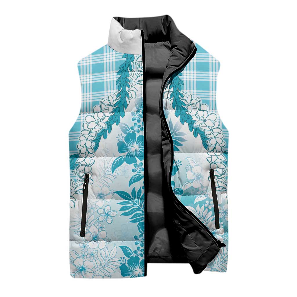 Aloha Hawaii Palaka Sleeveless Puffer Jacket Blue Plumeria Lei - Polynesian Pride