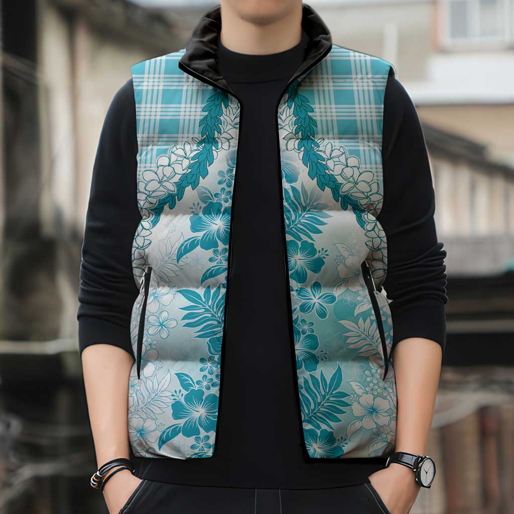 Aloha Hawaii Palaka Sleeveless Puffer Jacket Blue Plumeria Lei - Polynesian Pride