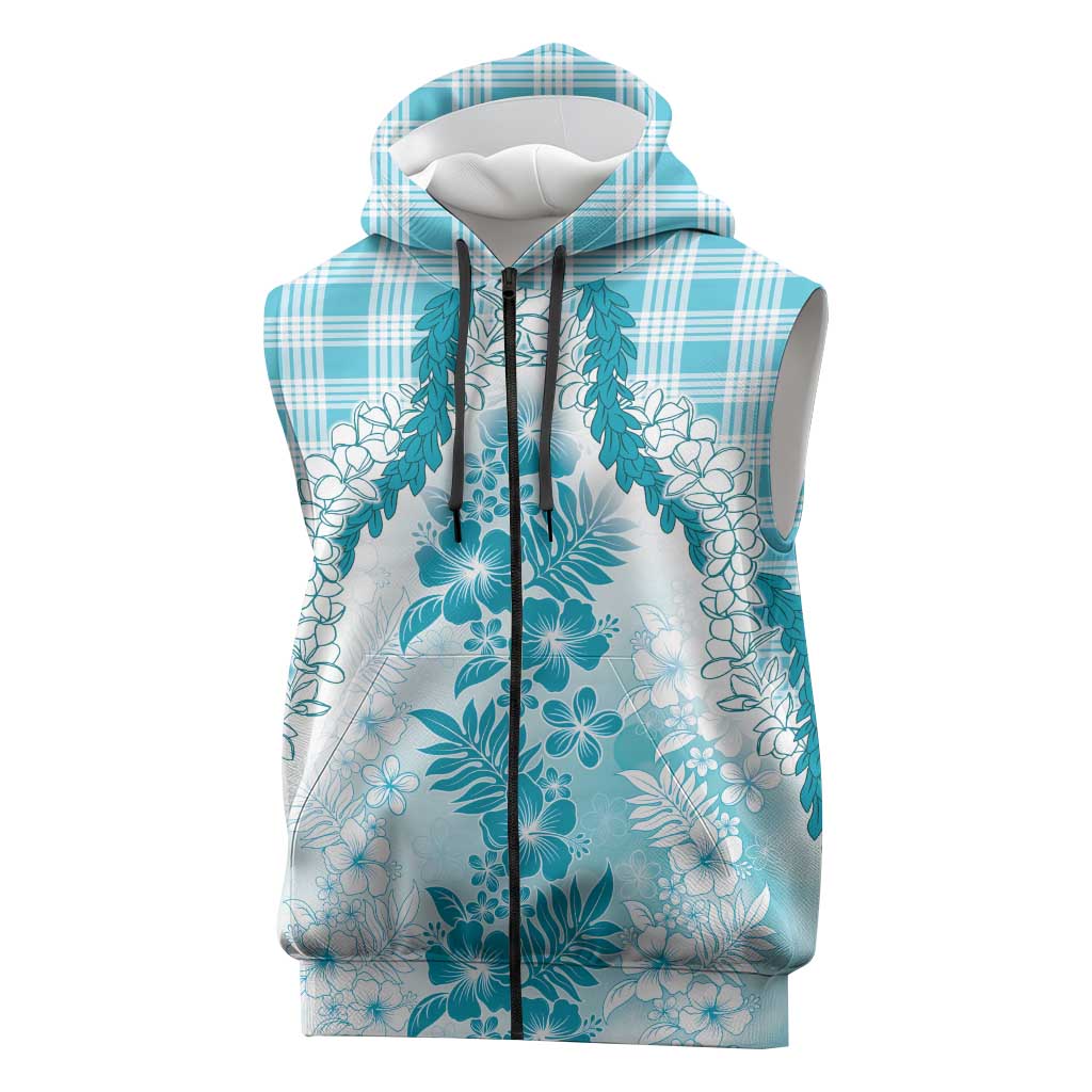 Aloha Hawaii Palaka Sleeveless Zip Hoodie Blue Plumeria Lei LT05