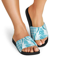 Aloha Hawaii Palaka Slide Sandals Blue Plumeria Lei - Polynesian Pride