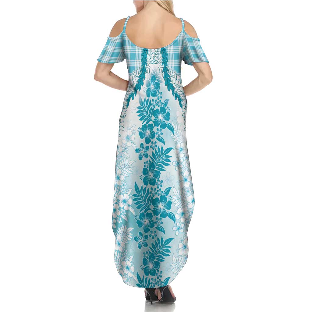 Aloha Hawaii Palaka Summer Maxi Dress Blue Plumeria Lei - Polynesian Pride