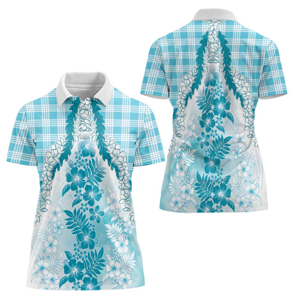 Aloha Hawaii Palaka Women Polo Shirt Blue Plumeria Lei - Polynesian Pride