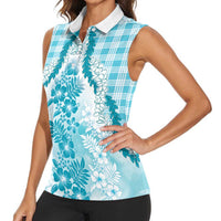 Aloha Hawaii Palaka Women Sleeveless Polo Shirt Blue Plumeria Lei - Polynesian Pride