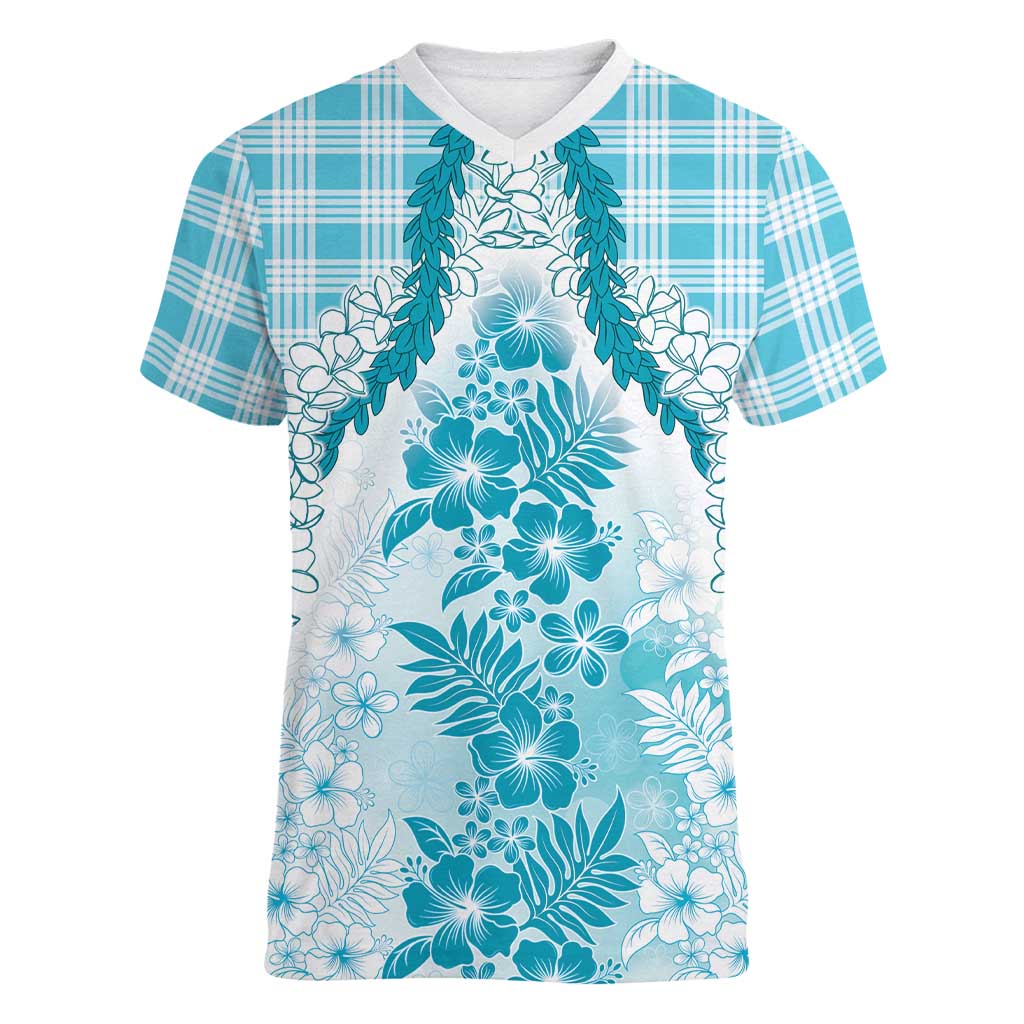 Aloha Hawaii Palaka Women V-Neck T-Shirt Blue Plumeria Lei - Polynesian Pride