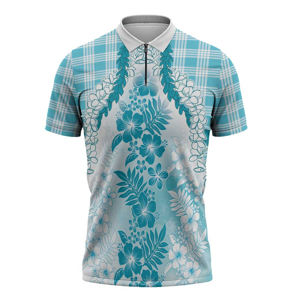 Aloha Hawaii Palaka Zipper Polo Shirt Blue Plumeria Lei - Polynesian Pride