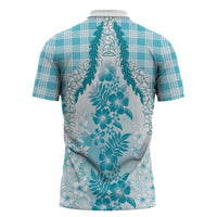 Aloha Hawaii Palaka Zipper Polo Shirt Blue Plumeria Lei - Polynesian Pride
