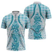 Aloha Hawaii Palaka Zipper Polo Shirt Blue Plumeria Lei - Polynesian Pride