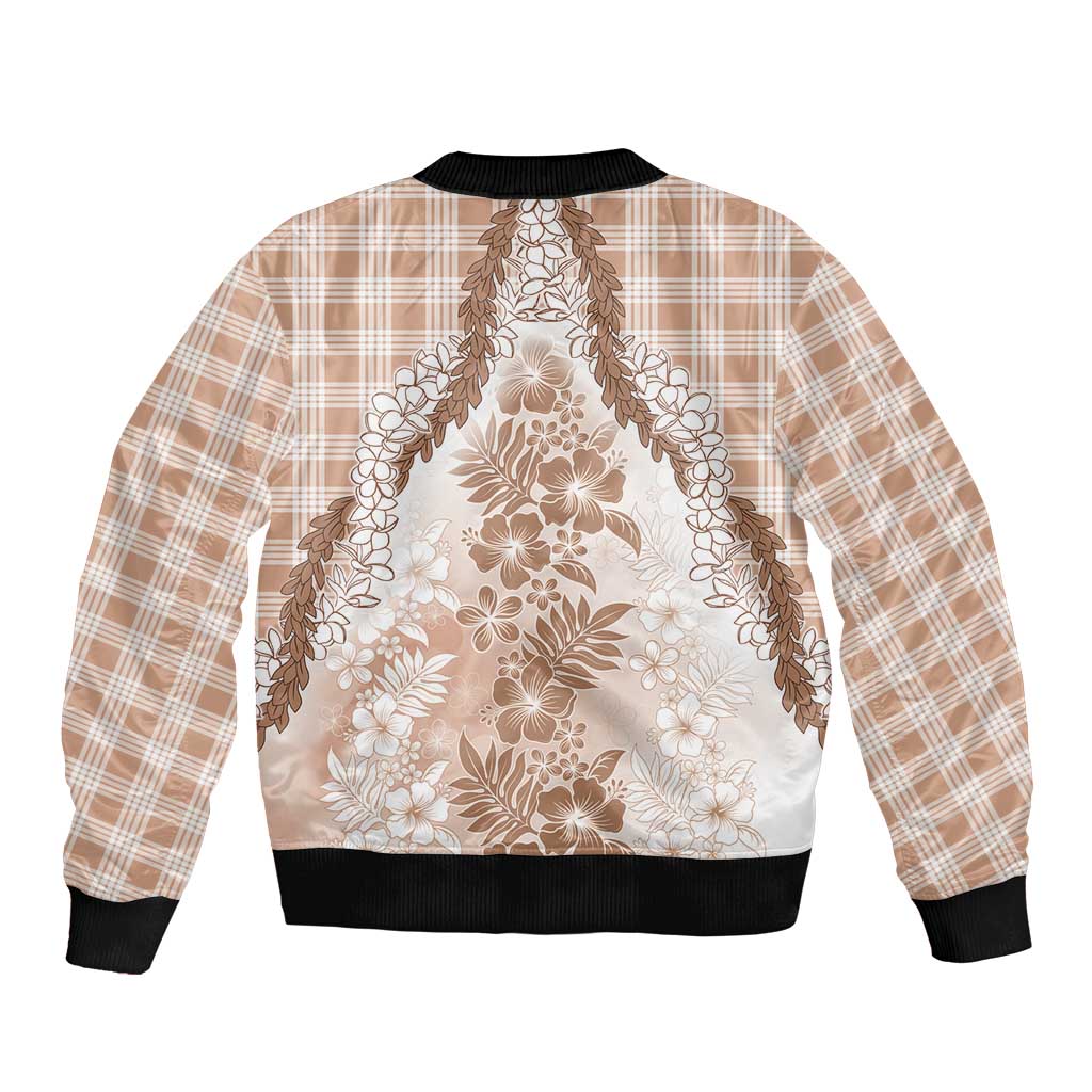 Aloha Hawaii Palaka Bomber Jacket Beige Plumeria Lei - Polynesian Pride