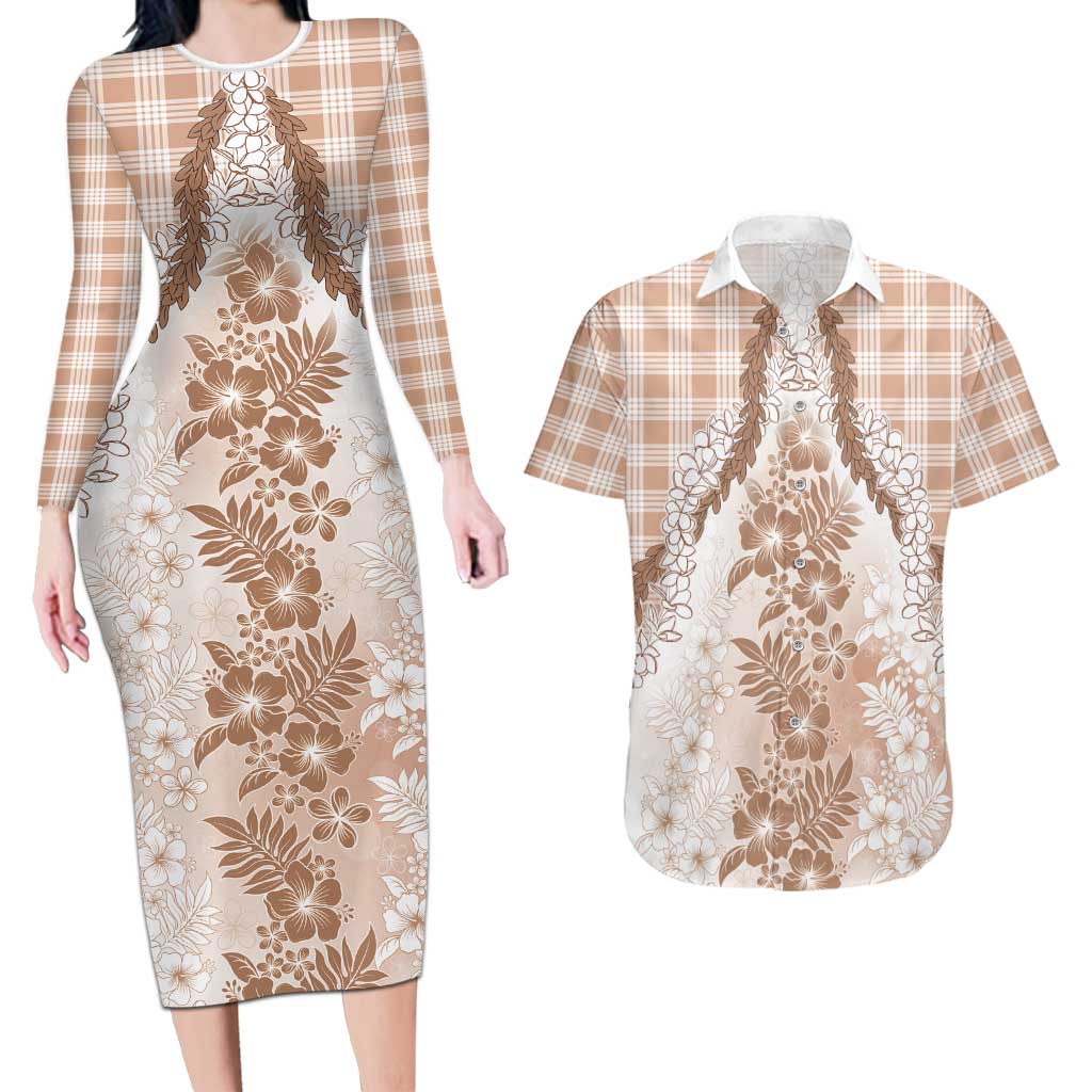 Aloha Hawaii Palaka Couples Matching Long Sleeve Bodycon Dress and Hawaiian Shirt Beige Plumeria Lei - Polynesian Pride