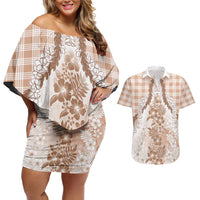 Aloha Hawaii Palaka Couples Matching Off Shoulder Short Dress and Hawaiian Shirt Beige Plumeria Lei - Polynesian Pride