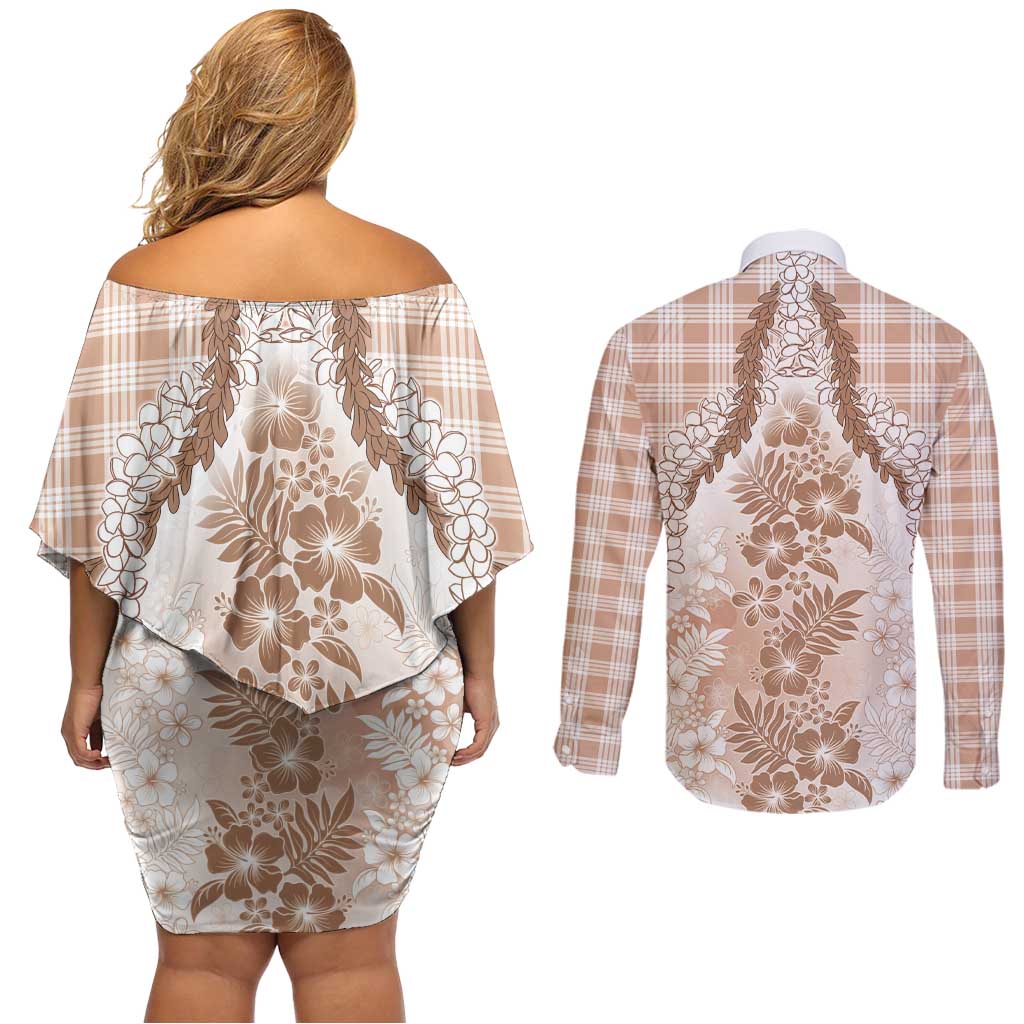 Aloha Hawaii Palaka Couples Matching Off Shoulder Short Dress and Long Sleeve Button Shirt Beige Plumeria Lei - Polynesian Pride