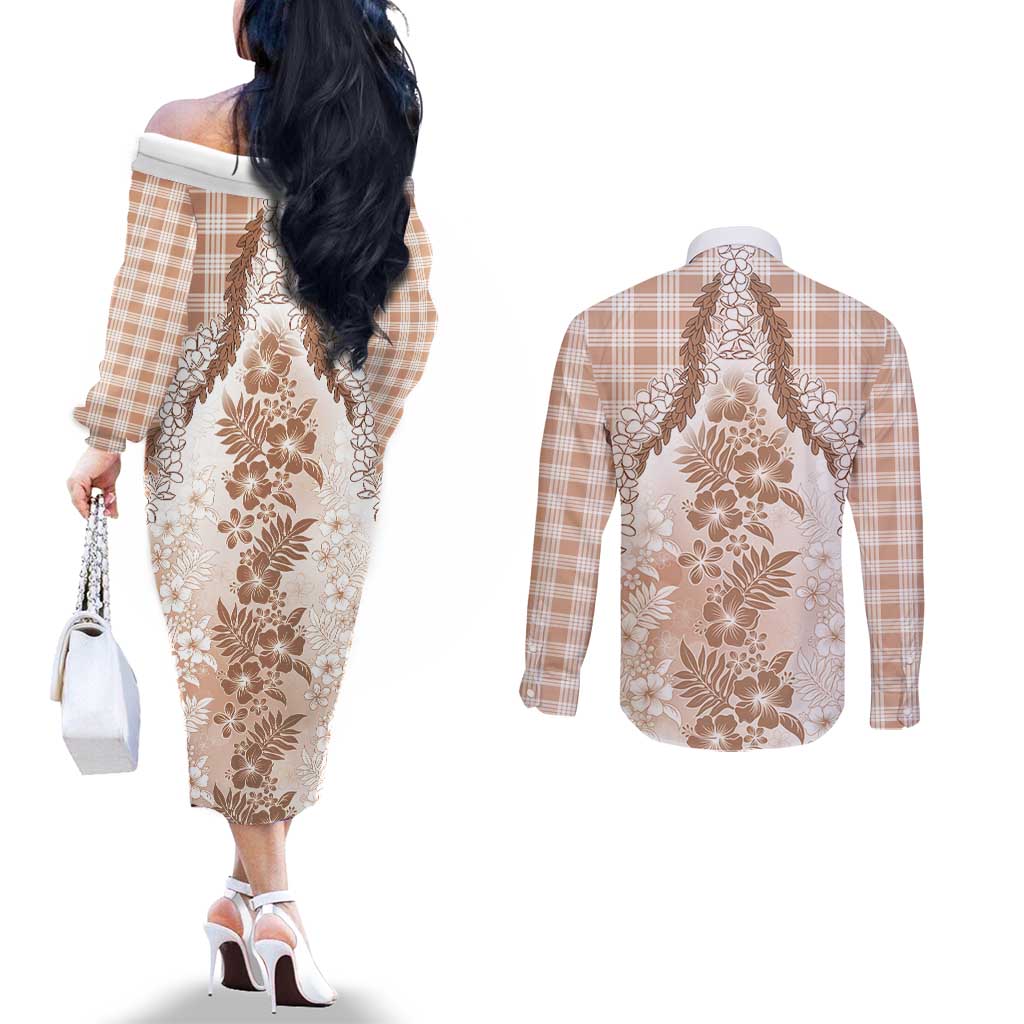 Aloha Hawaii Palaka Couples Matching Off The Shoulder Long Sleeve Dress and Long Sleeve Button Shirt Beige Plumeria Lei - Polynesian Pride
