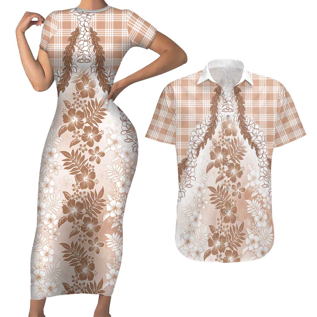 Aloha Hawaii Palaka Couples Matching Short Sleeve Bodycon Dress and Hawaiian Shirt Beige Plumeria Lei LT05 Beige - Polynesian Pride